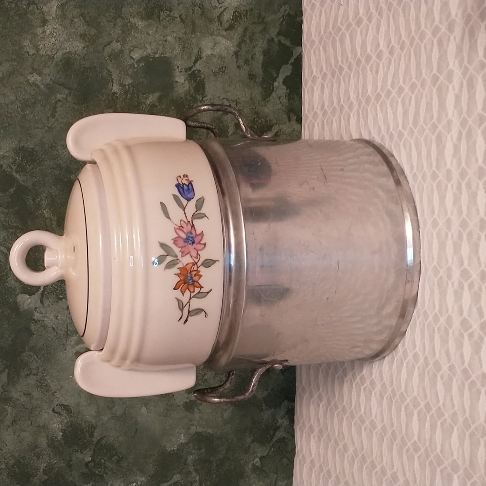 1930's Porcelier Vitreous Art Deco Lidded Canister w/ Stainless Steel Cover Pot